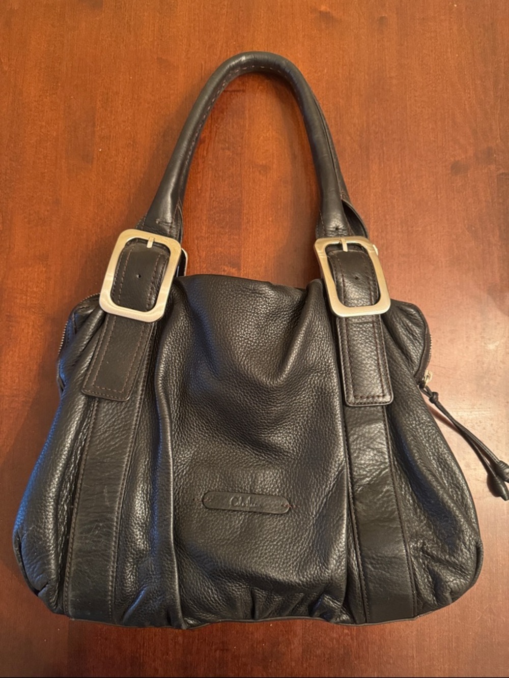 Cole Haan Black Leather Shoulder Bag with Buckle Accents